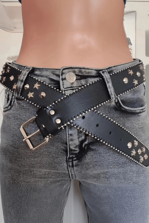 Siyah Yıldız Detaylı Zımbalı Harajuku Deri Punk Kemer