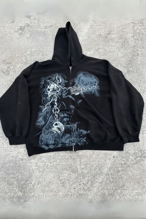 Yeni Siyah Gallows Skulls Y2K MMA Cyber Grunge Kapüşonlu Unisex Hırka