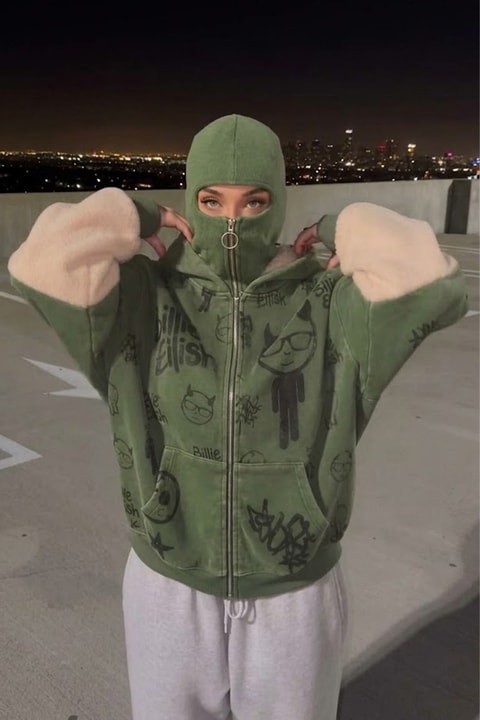 Yeşil Billie Elish Kulaklı Peluş Y2K Unisex Hırka