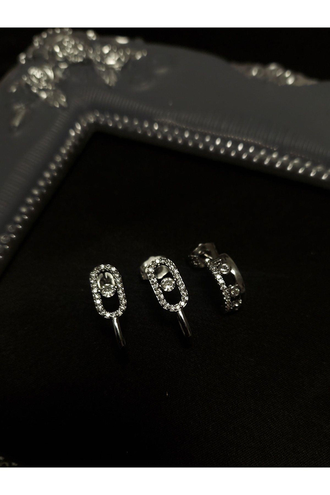 Düğme Detaylı Gümüş Renkli Küpe 3Lü Set
