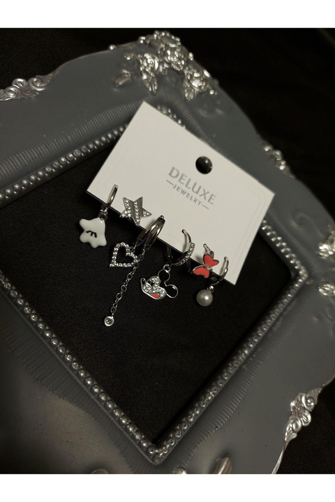 Mickey Mouse Temalı Gümüş Renkli Küpe 6Lı Set