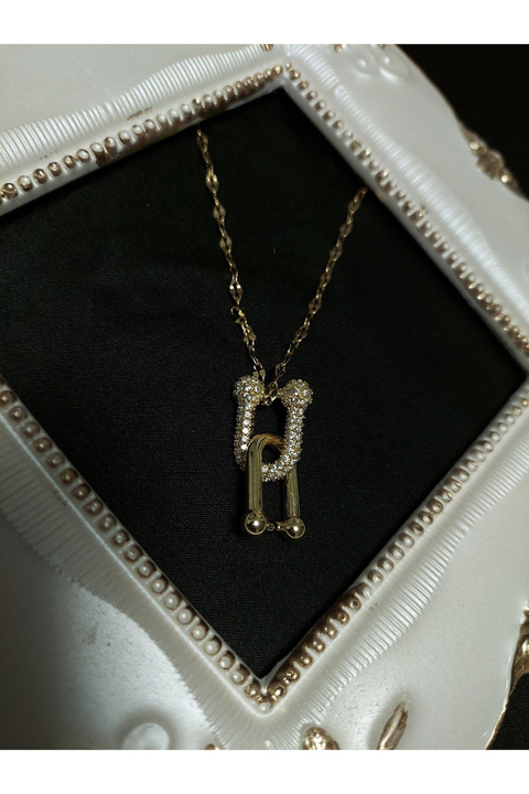 Sarkıtmalı Taşlı Işlemeli Tasarım Kolye Gold Renk