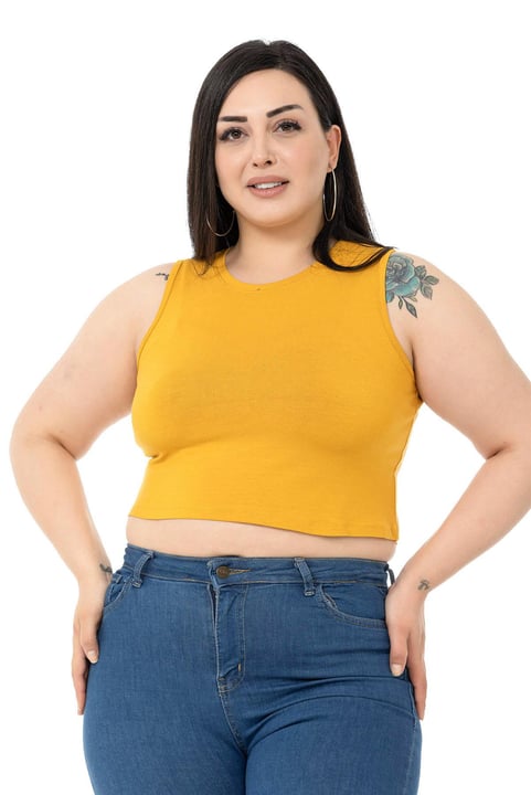 Büyük Beden Bisiklet Yaka Kolsuz Crop Viskon Hardal Body