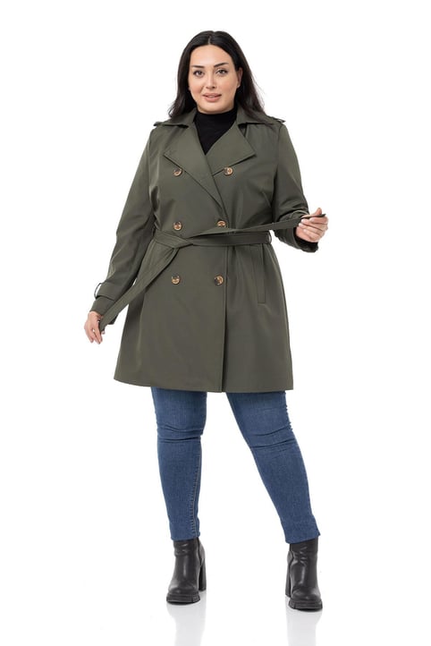 Plus Size Double Breasted Belted Lined Khaki Trench Coat