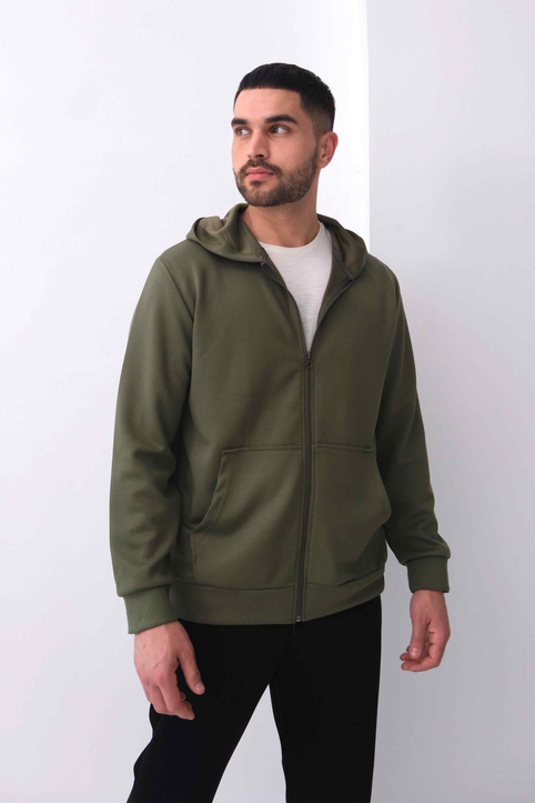 Kapüşonlu Fermuarlı Kanguru Cepli Modal Sweat Açık Haki
