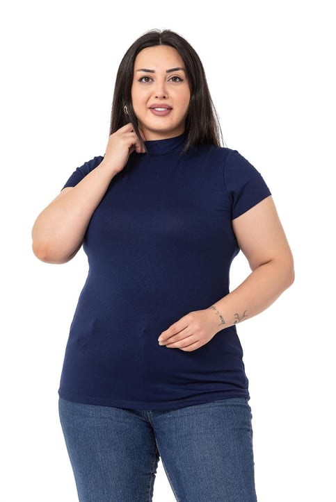 Büyük Beden Yarım Balıkçı Kısa Kollu Viskon Lacivert Body