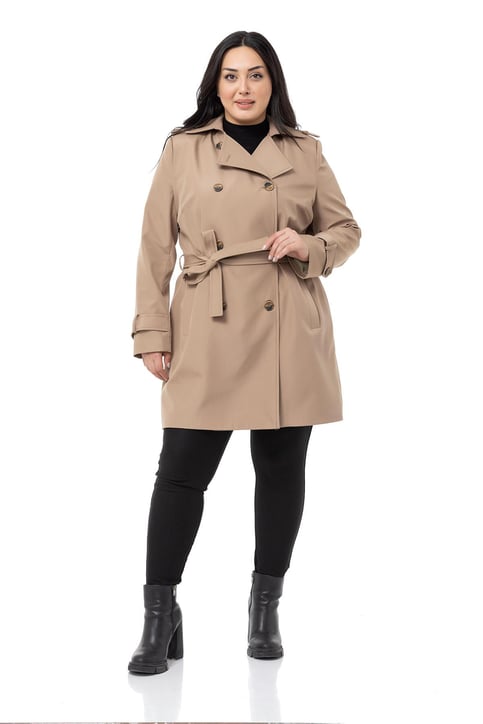 Plus Size Double Breasted Belted Lined Beige Trench Coat