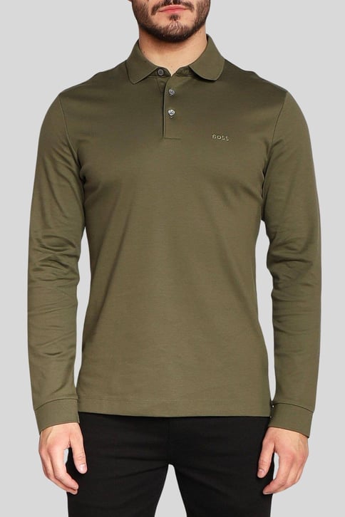 Boss Marka Logolu Uzun Kollu Erkek Polo Yaka T-Shirt Yeşil