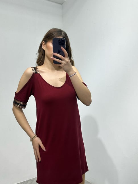 Kristal Pamuk Kumaş Rahat Kalıp Payet Detay Elbise Bordo