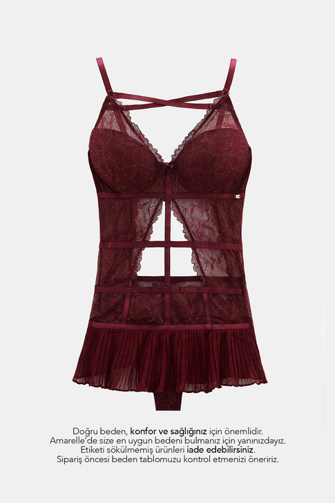 AMARELLEDesteksizRoma Bordo Balenli Dantel Detaylı Babydoll