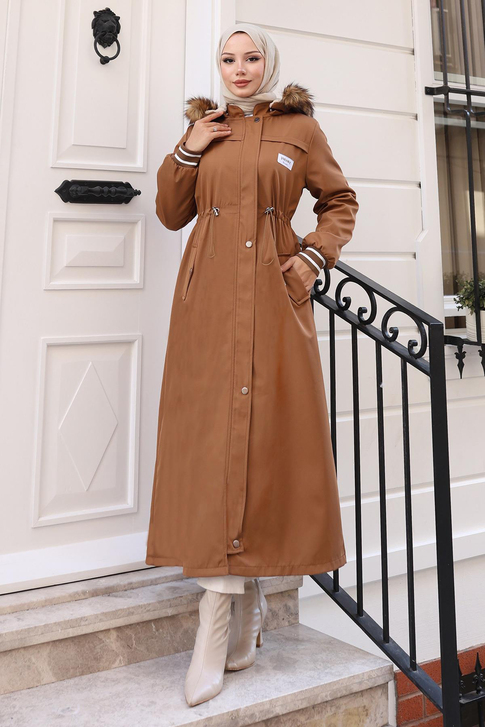 Arma Detaylı Kapşonlu Mont Taba 19268