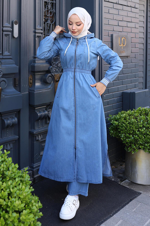 Beli Lastikli Kapşonlu Kot Takım Açık Mavi MSW19370-1