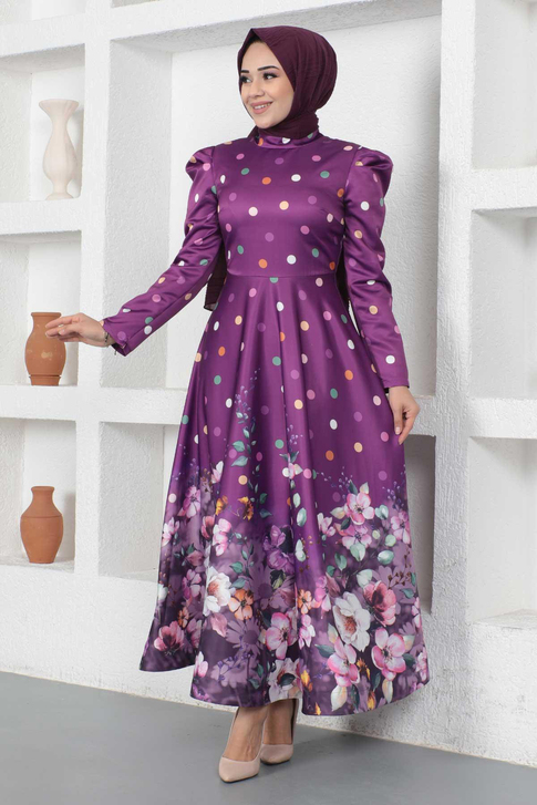 Çiçekli Puantiyeli Saten Abiye Mürdüm MSW12251-1