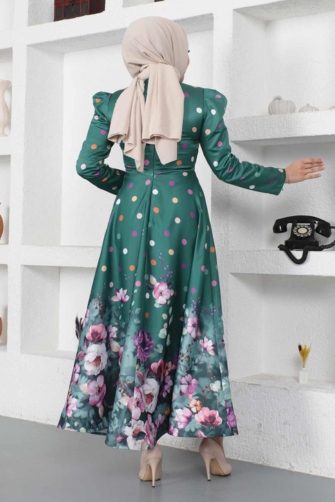 Çiçekli Puantiyeli Saten Abiye Zümrüt MSW12251-3