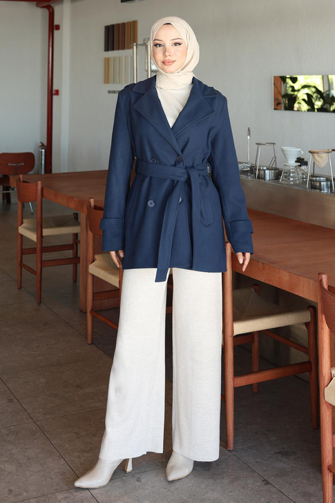 Düğme Detaylı Kaşe Kaban İndigo 19274