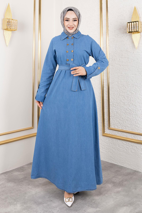 Düğme Detaylı Kot Elbise Açık Mavi 19366