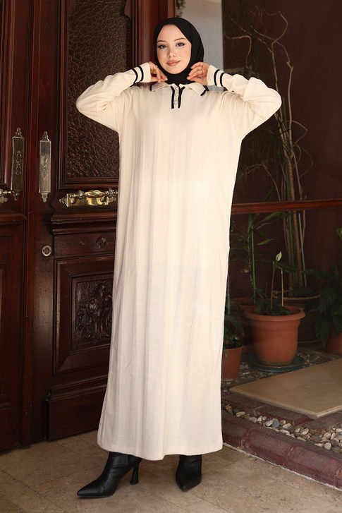 Düğme Detaylı Triko Elbise Beyaz 6153