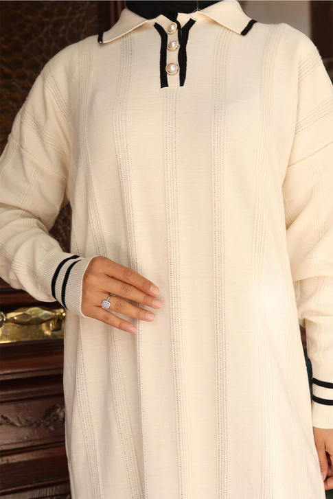 Düğme Detaylı Triko Elbise Beyaz 6153