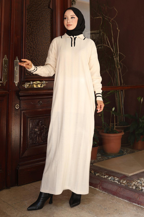 Düğme Detaylı Triko Elbise Beyaz 6153