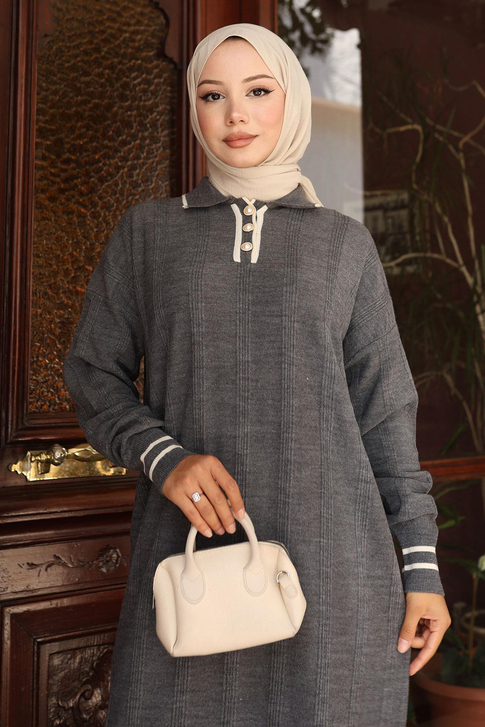 Düğme Detaylı Triko Elbise Gri 6153