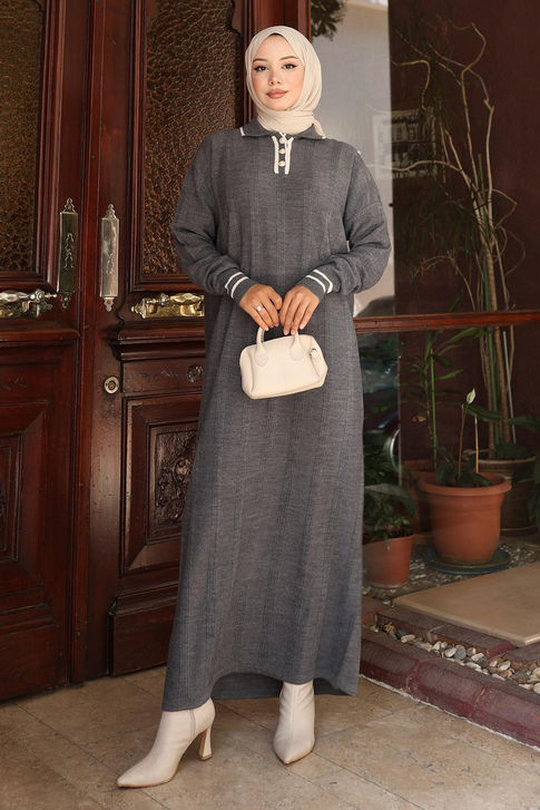 Düğme Detaylı Triko Elbise Gri 6153