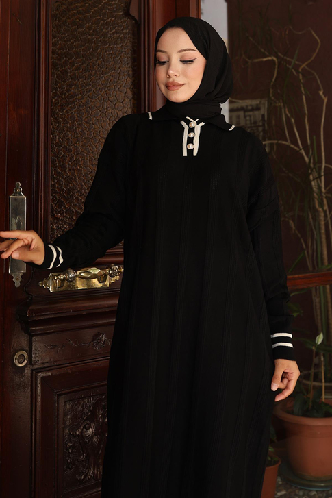 Düğme Detaylı Triko Elbise Siyah 6153