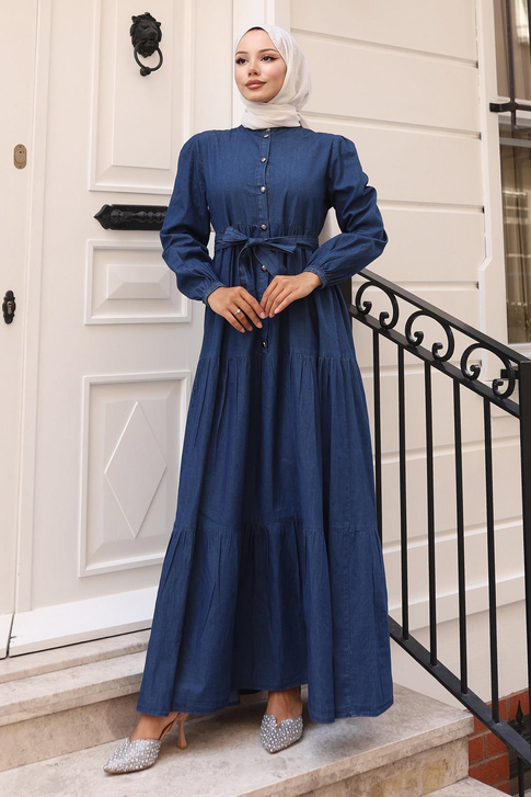 Düğmeli Kat Kat Kot Elbise Koyu Mavi 19263