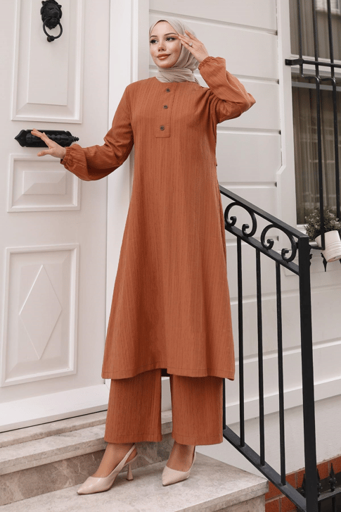 Düğmeli Tesettür Takım Taba MSV10358