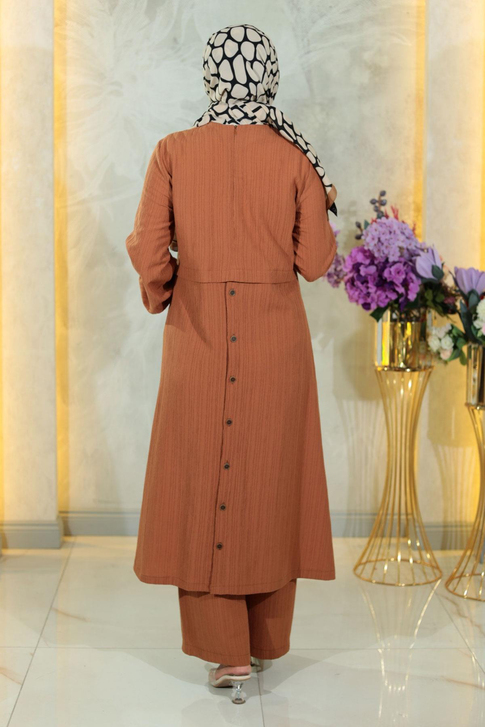 Düğmeli Tesettür Takım Taba MSW10358-5