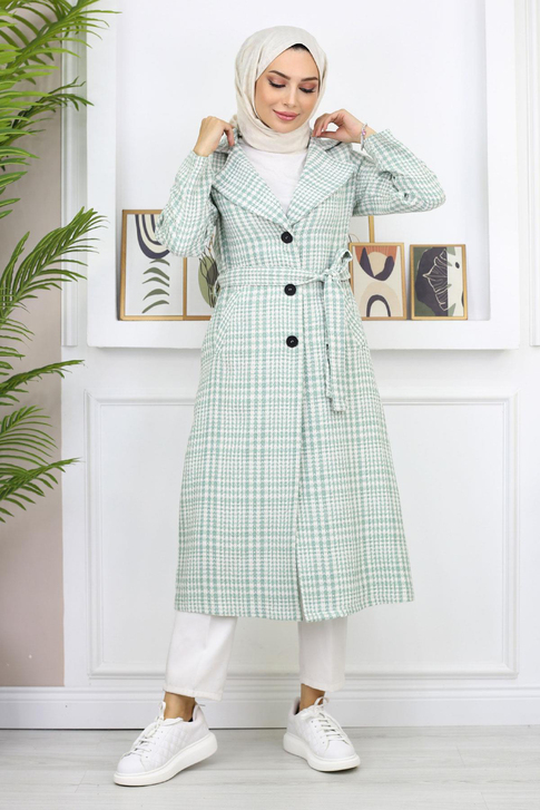 Ekoseli Şanel Kaşe Kaban Mint 19137