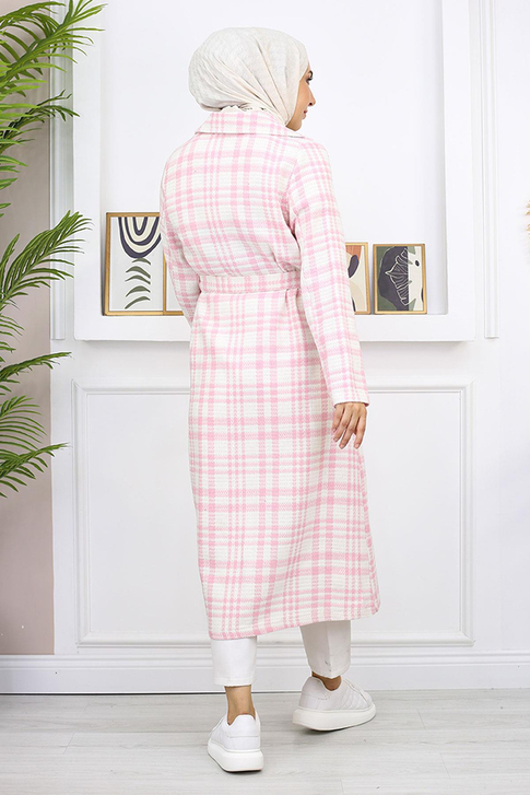 Ekoseli Şanel Kaşe Kaban Pembe 19137