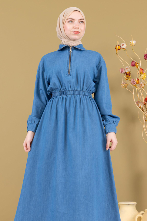 Fermuarlı Beli Lastikli Kot Elbise Açık Mavi MSW19240-1