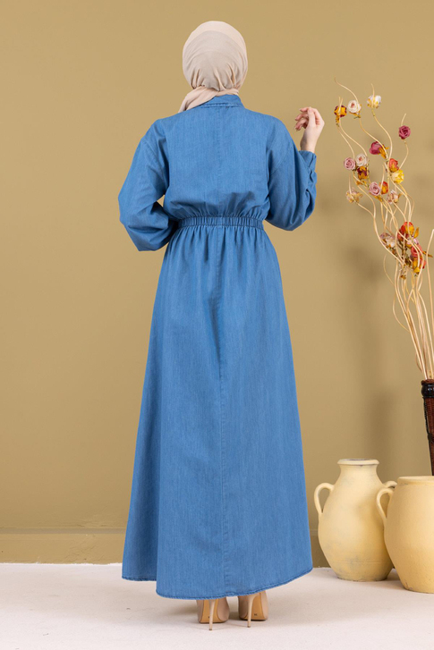 Fermuarlı Beli Lastikli Kot Elbise Açık Mavi MSW19240-1