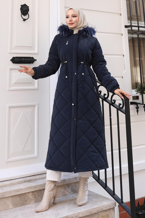 Fermuarlı Kapşonlu Kapitone Mont Lacivert 19277