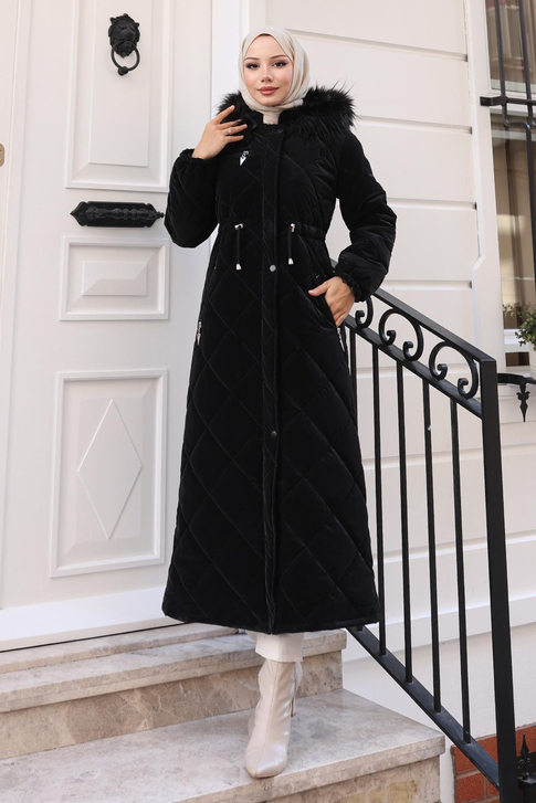 Fermuarlı Kapşonlu Kapitone Mont Siyah 19277