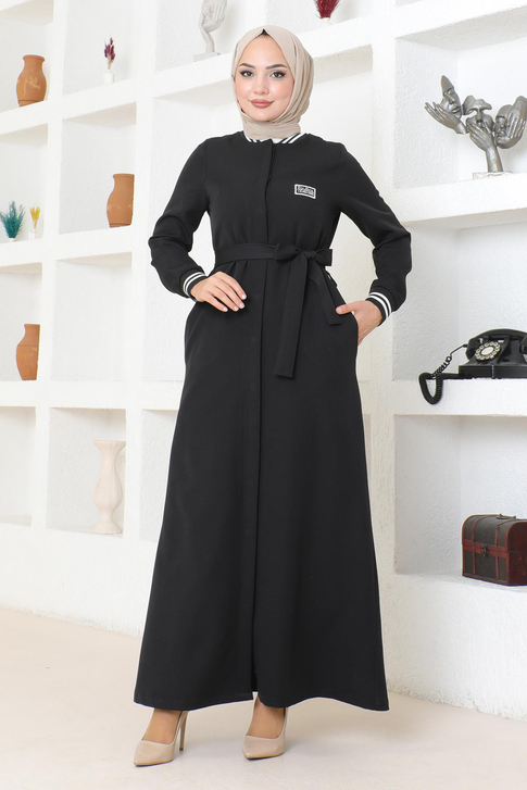 Gizli Düğmeli Ribanalı Ferace Siyah MSW19214-1