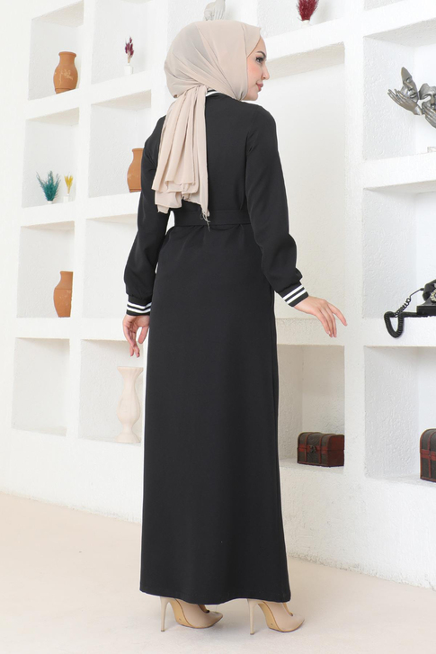 Gizli Düğmeli Ribanalı Ferace Siyah MSW19214-1