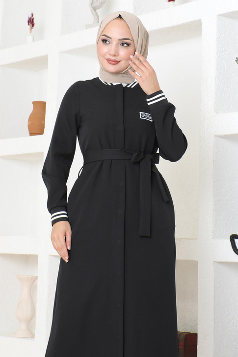 Gizli Düğmeli Ribanalı Ferace Siyah MSW19214-1