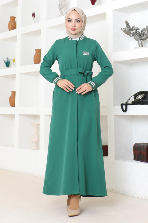 Gizli Düğmeli Ribanalı Ferace Zümrüt MSW19214-4