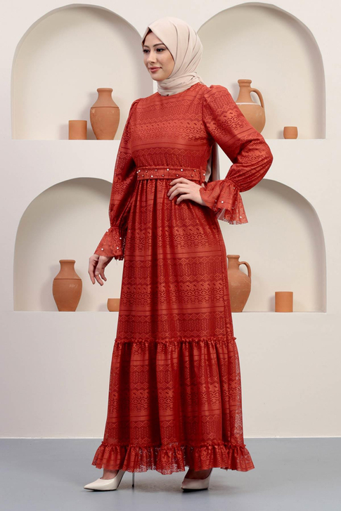 İnci Detaylı Dantel Abiye Kiremit 12239