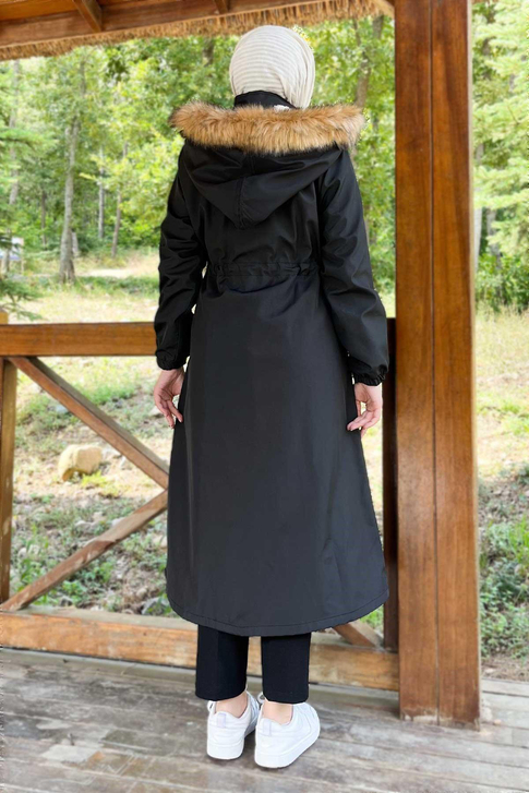 Kapşonlu Fermuarlı Mont Siyah 10349