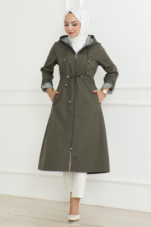 Kapşonlu Fermuarlı Trençkot Haki 19205