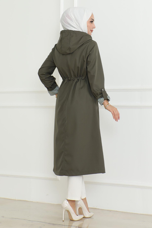 Kapşonlu Fermuarlı Trençkot Haki 19205