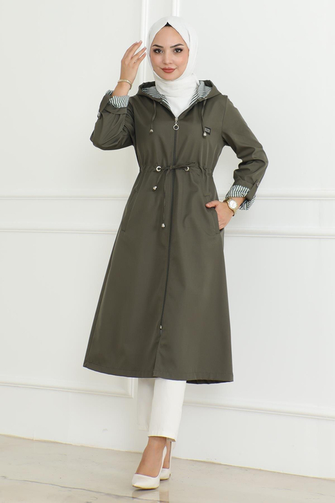 Kapşonlu Fermuarlı Trençkot Haki 19205