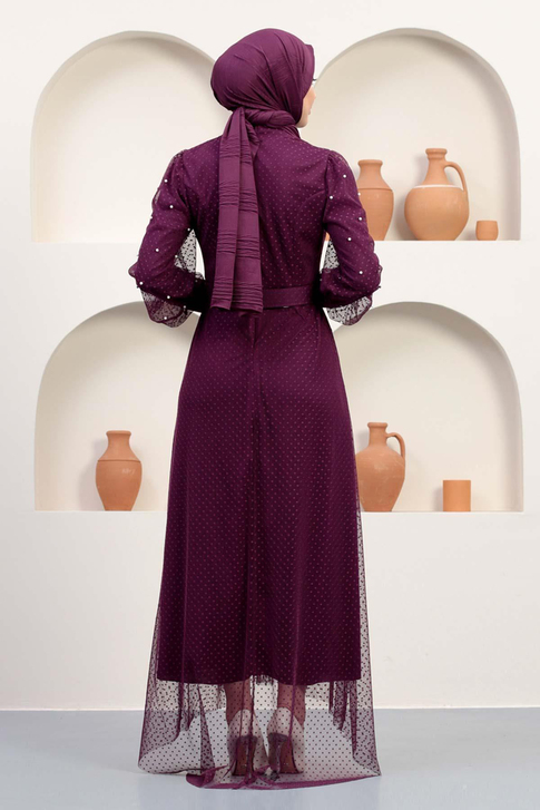 Kemeri Taşlı Tül Abiye Mürdüm 12242