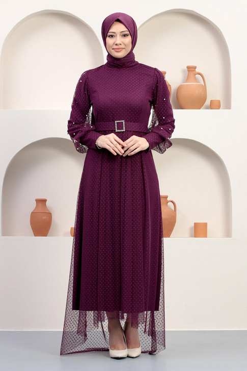 Kemeri Taşlı Tül Abiye Mürdüm 12242