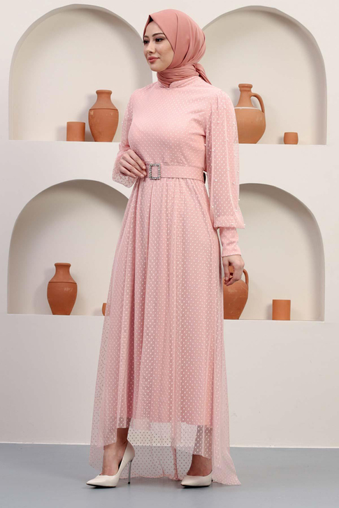 Kemeri Taşlı Tül Abiye Pudra 12242