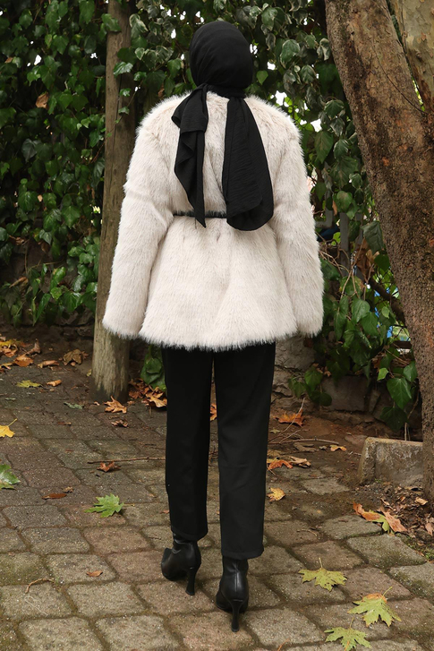 Kemerli Kürklü Ceket Beyaz 19278