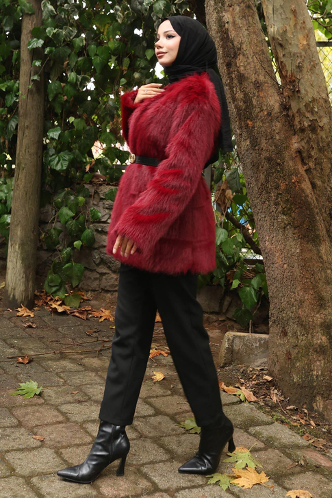 Kemerli Kürklü Ceket Bordo 19278