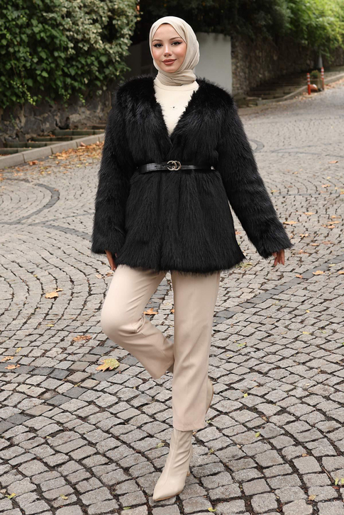 Kemerli Kürklü Ceket Siyah 19278